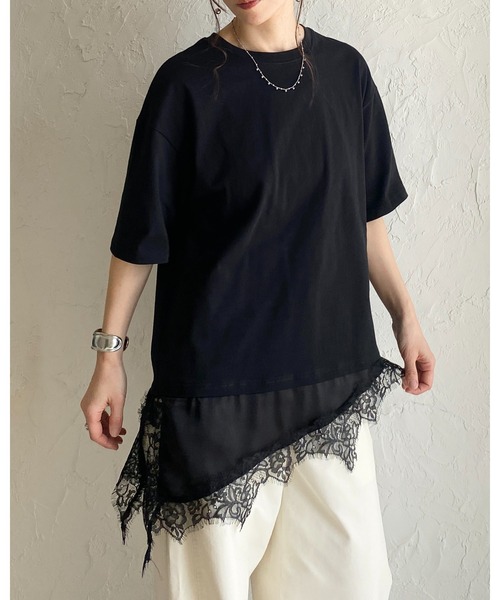 She's Closet tシャツ 半袖 アシンメトリー 裾サテンレース ドッキング