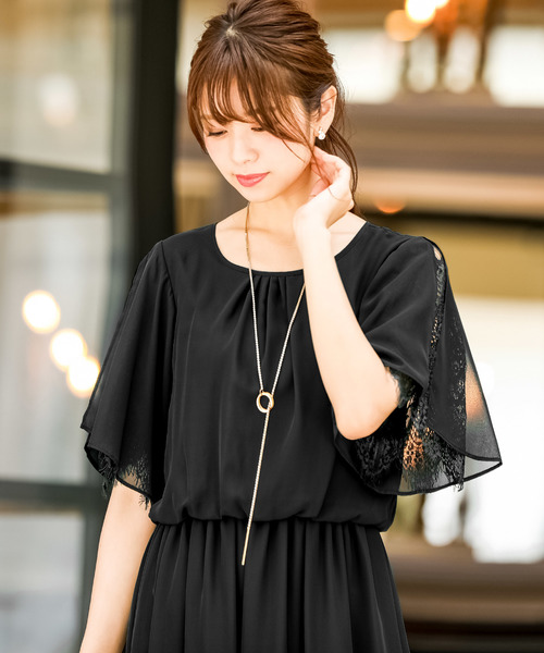 Fashion Letter ドレス スリット入レーススリーブ 結婚式