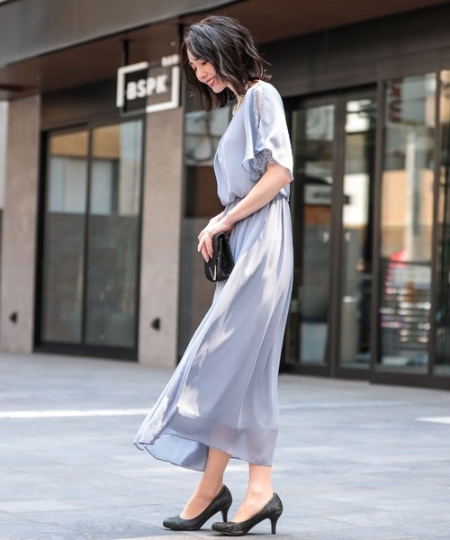 Fashion Letter ドレス スリット入レーススリーブ 結婚式
