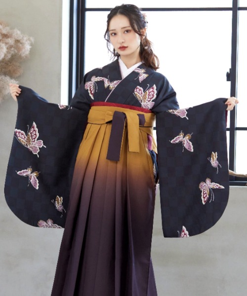 レース薄紫色 ライトブルー花柄刺繍 蝶々模様振袖単品