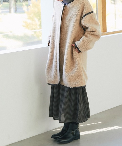 deux amour コート アウター ノーカラーZIPボアロングコート