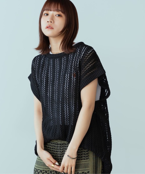 ニット セーター メッシュニットベスト レディース ROOP TOKYO ベスト ジレ 透かし編みベスト オーバーサイズ