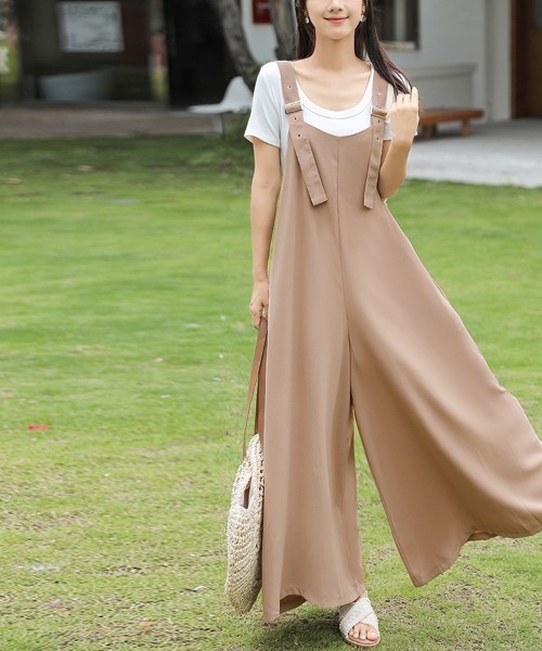オールインワン シフォンワイドパンツサロペット レディース