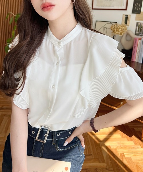 新品タグ付 日本未入荷 シフォンジョーゼット フリルブラウス M ブラック moment+ ブラウス シャツ シフォンジョーゼットウエストリボンチュール