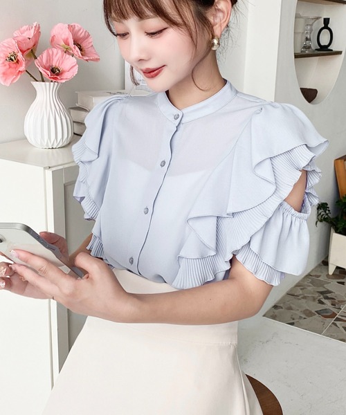 新品タグ付 日本未入荷 シフォンジョーゼット フリルブラウス M ブラック シフォンジョーゼット半袖ダブルフリルブラウス[品番：ERMW0000071
