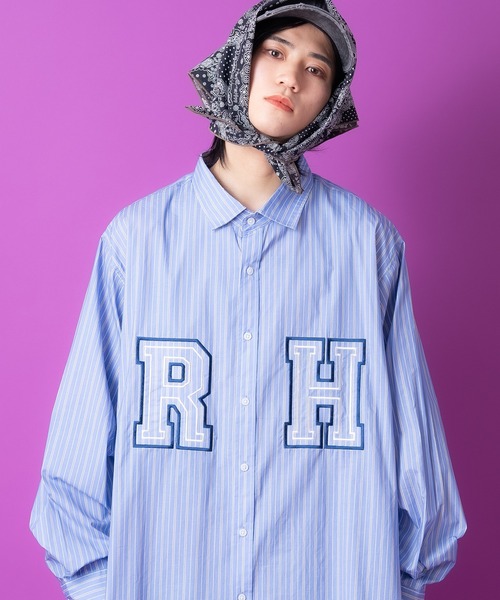 シャツ a.p.o.v. ロゴ刺繍ワッペンオーバーサイズマルチストライプ