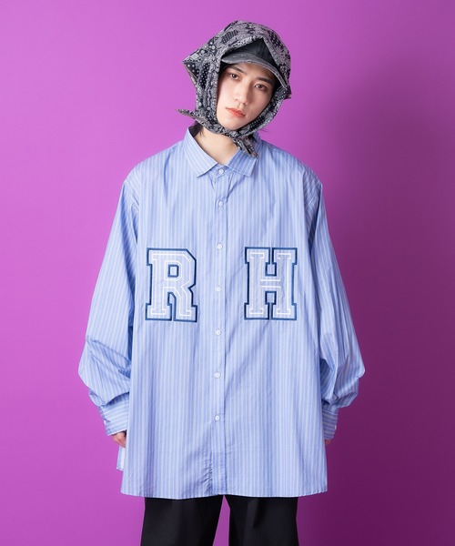 シャツ a.p.o.v. ロゴ刺繍ワッペンオーバーサイズマルチストライプ