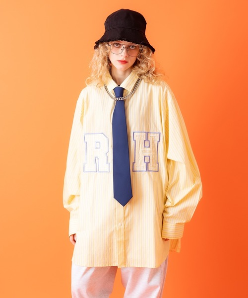シャツ a.p.o.v. ロゴ刺繍ワッペンオーバーサイズマルチストライプ