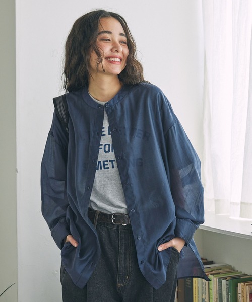 23SS✨美品✨23区　バンドカラーシアーシャツ　46 ブラック　ドレープ　羽織 ブラウス シャツ バンドカラー オーバーサイズ シアーシャツ