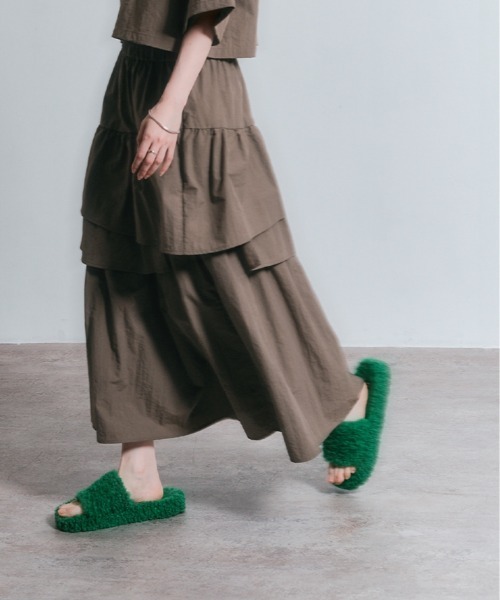 W：Huku ロング スカート 撥水 ナイロン アシンメトリー ティアード