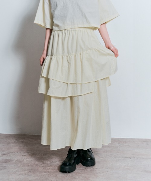 W：Huku ロング スカート 撥水 ナイロン アシンメトリー ティアード