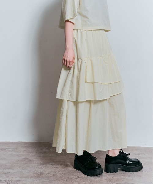 W：Huku ロング スカート 撥水 ナイロン アシンメトリー ティアード