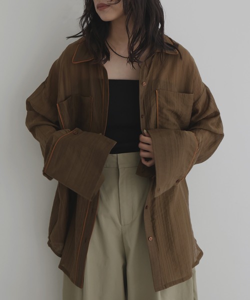 ブラウス シャツ 配色パイピング オーバーサイズシアーシャツ レディース hellam ブラウス シャツ 配色パイピング オーバーサイズシアー