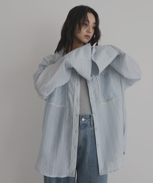 ブラウス シャツ 配色パイピング オーバーサイズシアーシャツ レディース hellam ブラウス シャツ 配色パイピング オーバーサイズシアー