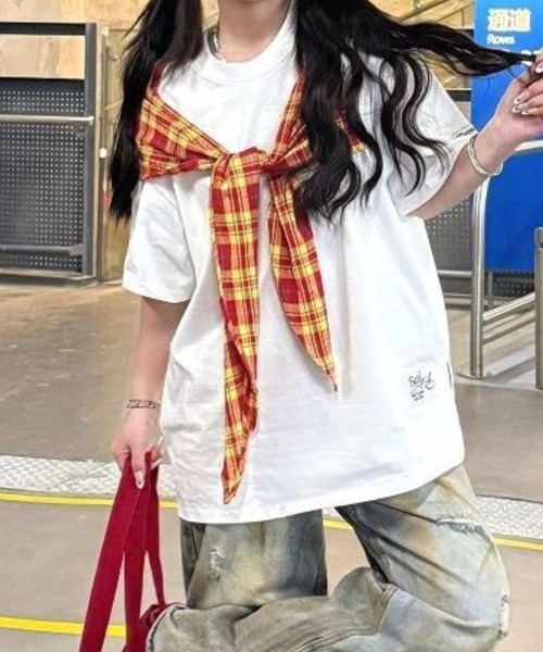 tシャツ チェックリボン肩掛け風ルーズTシャツ レディース
