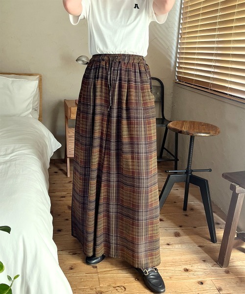 パンツ シアーチェック柄 スーパーワイドパンツ レディース