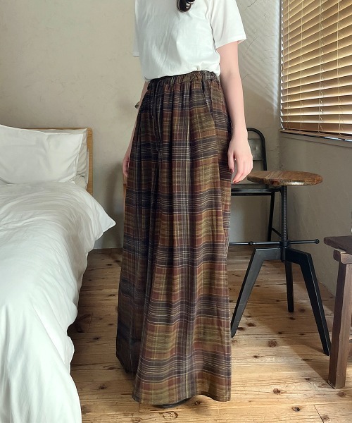 パンツ シアーチェック柄 スーパーワイドパンツ レディース