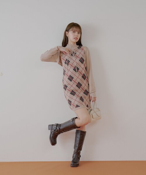 DOLCE LICHE アメスリチェックミニワンピース ベージュチェック Chico（チコ） ワンピース ボレロセットチェックアメスリミニ
