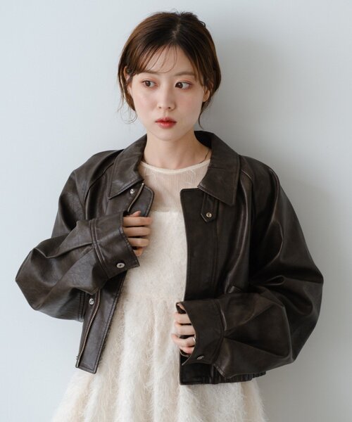 kastane フェイクレザーショートブルゾン Kastane ブルゾン アウター 「2サイズ展開/襟2WAY」フェイク