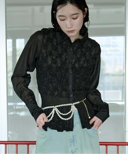Ezick ブラウス シャツ shirring sheer blouse シャーリングブラウス