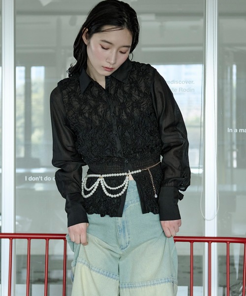 Ezick ブラウス シャツ shirring sheer blouse シャーリングブラウス