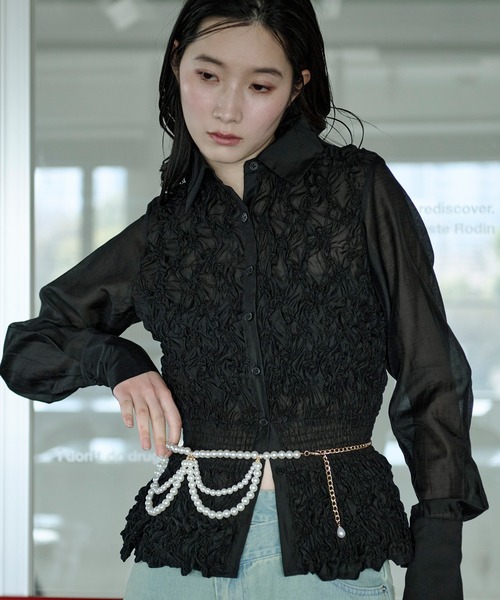 Ezick ブラウス シャツ shirring sheer blouse シャーリングブラウス