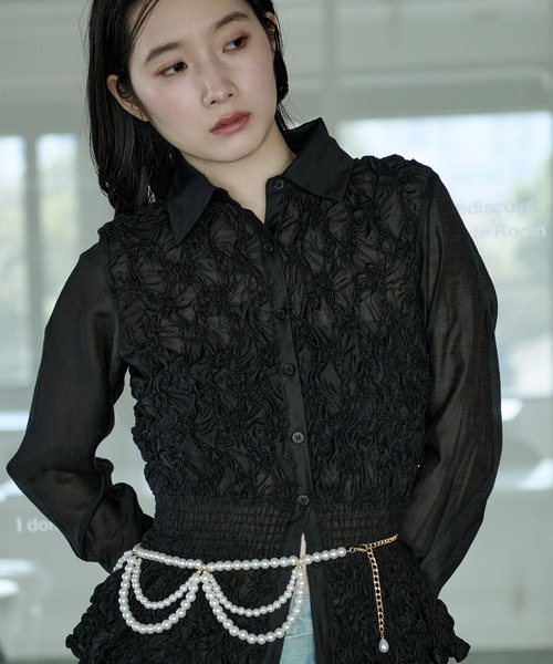 Ezick ブラウス シャツ shirring sheer blouse シャーリングブラウス