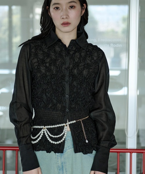 Ezick ブラウス シャツ shirring sheer blouse シャーリングブラウス