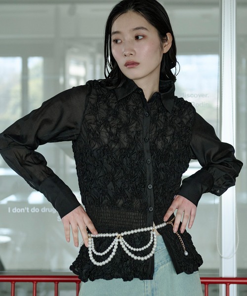 Ezick ブラウス シャツ shirring sheer blouse シャーリングブラウス