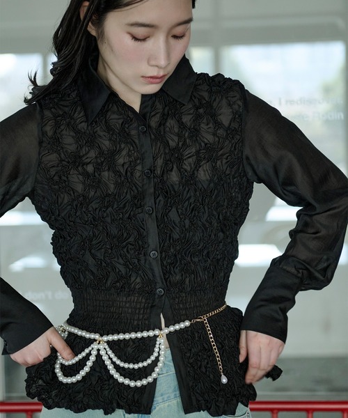 Ezick ブラウス シャツ shirring sheer blouse シャーリングブラウス
