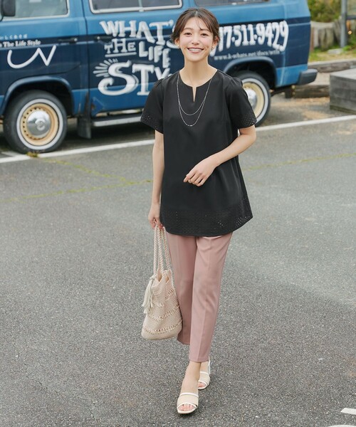 Tiaclasse ブラウス シャツ 半袖 裾レース切替チュニック レディース