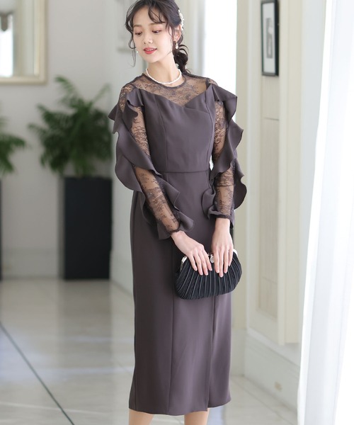 「PourVous」 長袖ワンピース M チャコール レディース_画像6