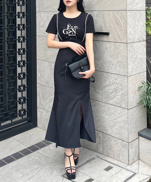 ROYAL PARTY スカート パールサスペンダースリットマーメイド
