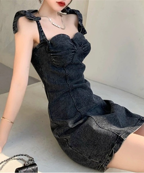 SHEENA ワンピース ショルダーリボンコルセットデニムミニワンピ