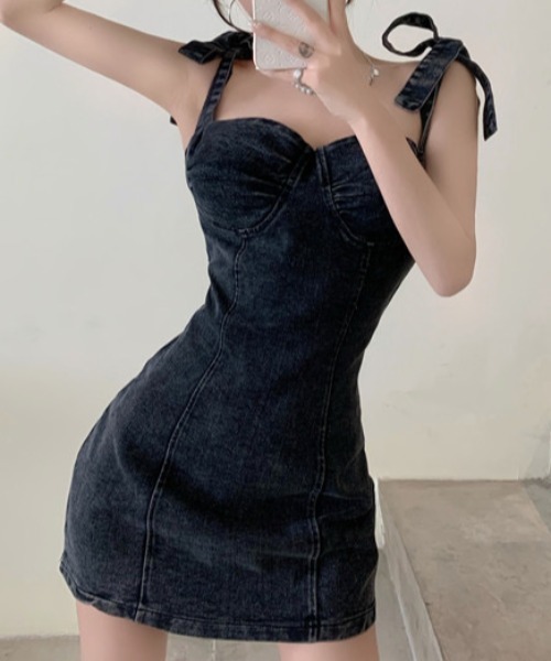 SHEENA（シーナ） ワンピース ショルダーリボンコルセットデニム