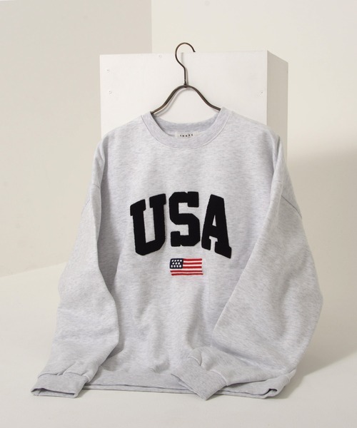 トレーナー スウェット 「KOREAN SELECT」USA サガラロゴ 星条旗 ワンポイント刺繍 裏起毛 ビッグシルエット スウェット プルオーバー