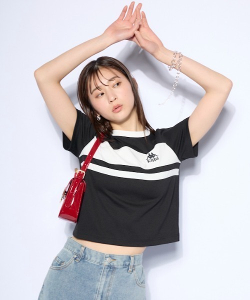 こばふみ　黒＋白　t Kappa（カッパ） tシャツ 半袖 カラーブロック切替Tシャツ レディース
