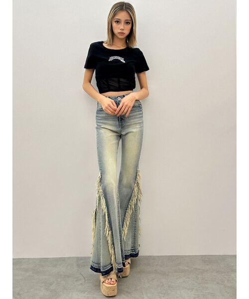 新品 GYDA ハイウエスト サイド フリンジ フレア デニム パンツ ジェイダ GYDA ジーンズ デニム デニムパンツ ハイウエストSIDEフリンジ