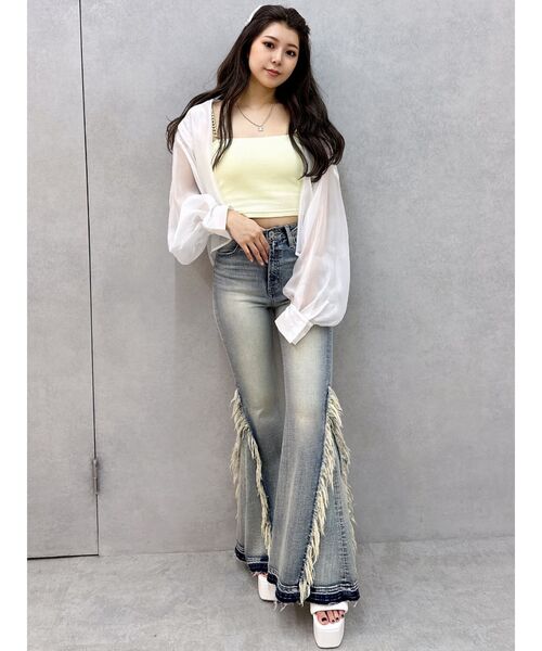 新品 GYDA ハイウエスト サイド フリンジ フレア デニム パンツ ジェイダ GYDA ジーンズ デニム デニムパンツ ハイウエストSIDEフリンジ
