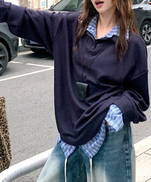 SHEENA（シーナ） tシャツ チェックシャツレイヤードデザインポロ襟