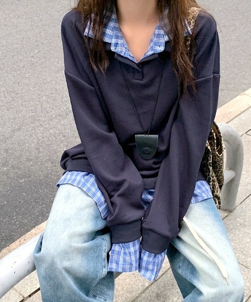 SHEENA（シーナ） tシャツ チェックシャツレイヤードデザインポロ襟