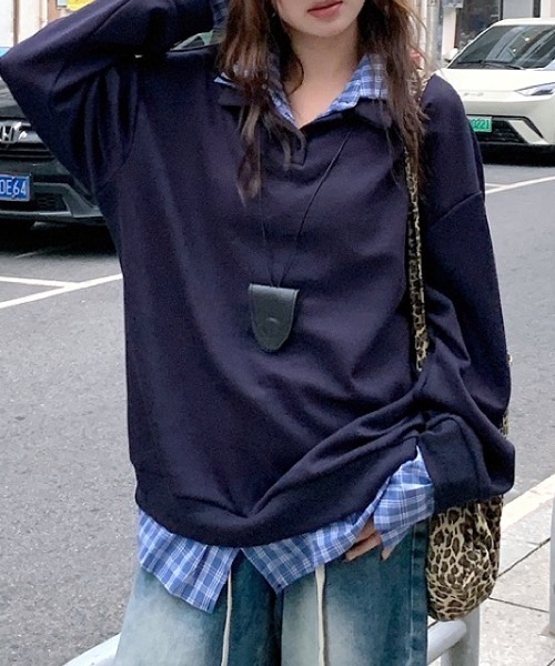SHEENA（シーナ） tシャツ チェックシャツレイヤードデザインポロ襟