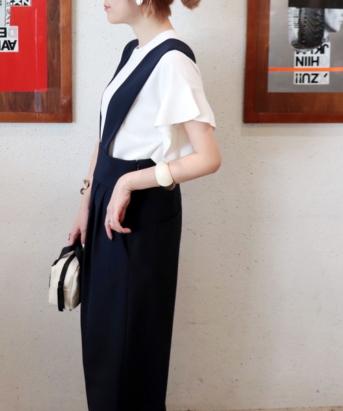 7色 オールインワン オフショル ワイドパンツ 共ベルト こなれ感 Jines オールインワン ダブルクロス サロペットワイドパンツ