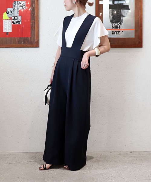 Jines（ジネス） オールインワン ダブルクロス サロペットワイドパンツ