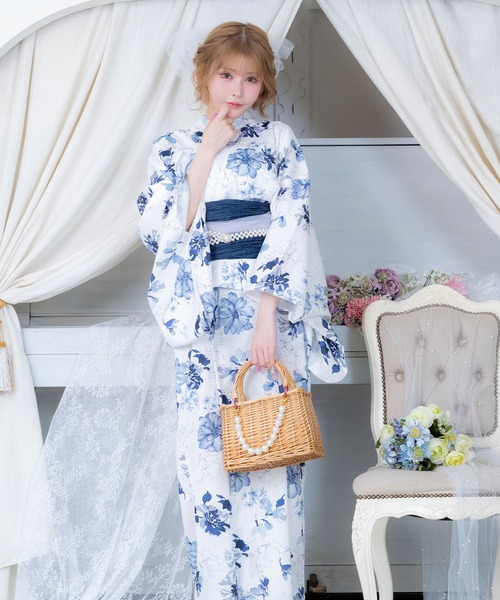 セパレート浴衣単品】ブルー サックス 花柄 ダリア ダリア柄のレトロな