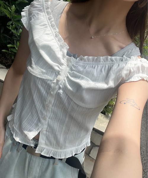 ブラウス シャツ 2way shirring puff frill blouse/ 2wayコットンパフスリブラウス レディース