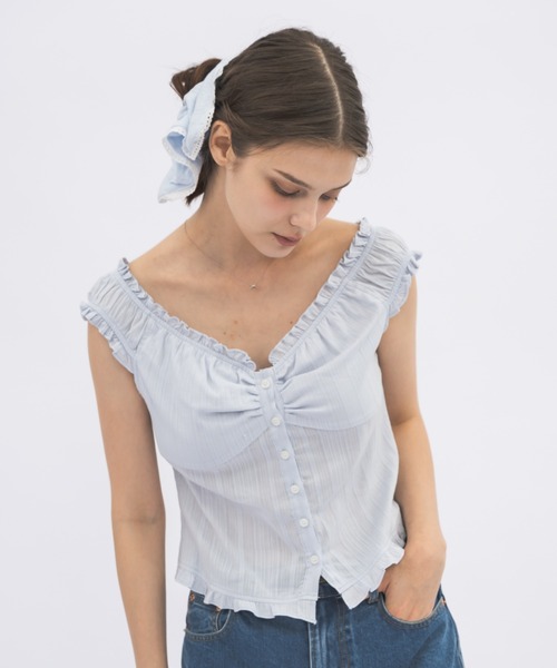 ブラウス シャツ 2way shirring puff frill blouse/ 2wayコットンパフスリブラウス レディース ブラウス シャツ 2way shirring puff frill blouse/ 2way
