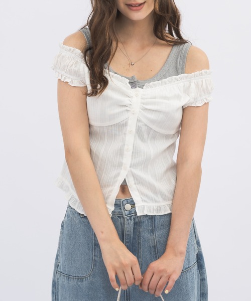 ブラウス シャツ 2way shirring puff frill blouse/ 2wayコットンパフスリブラウス レディース ブラウス シャツ 2way shirring puff frill blouse/ 2way