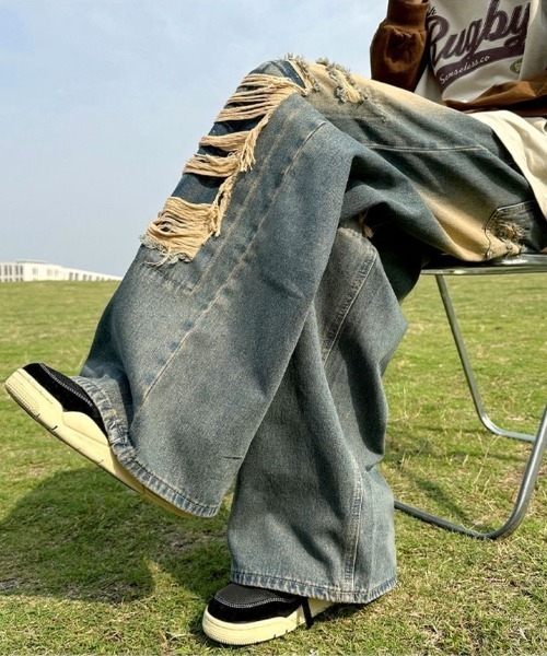 「FreeZone」 ダメージ加工デニムパンツ M ブルー メンズ