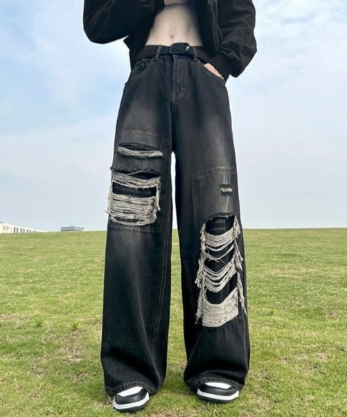「FreeZone」 ダメージ加工デニムパンツ M ブルー メンズ